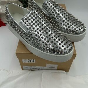 Men's Christian Louboutin roller boat, metallic silver spiked sneakers size 46